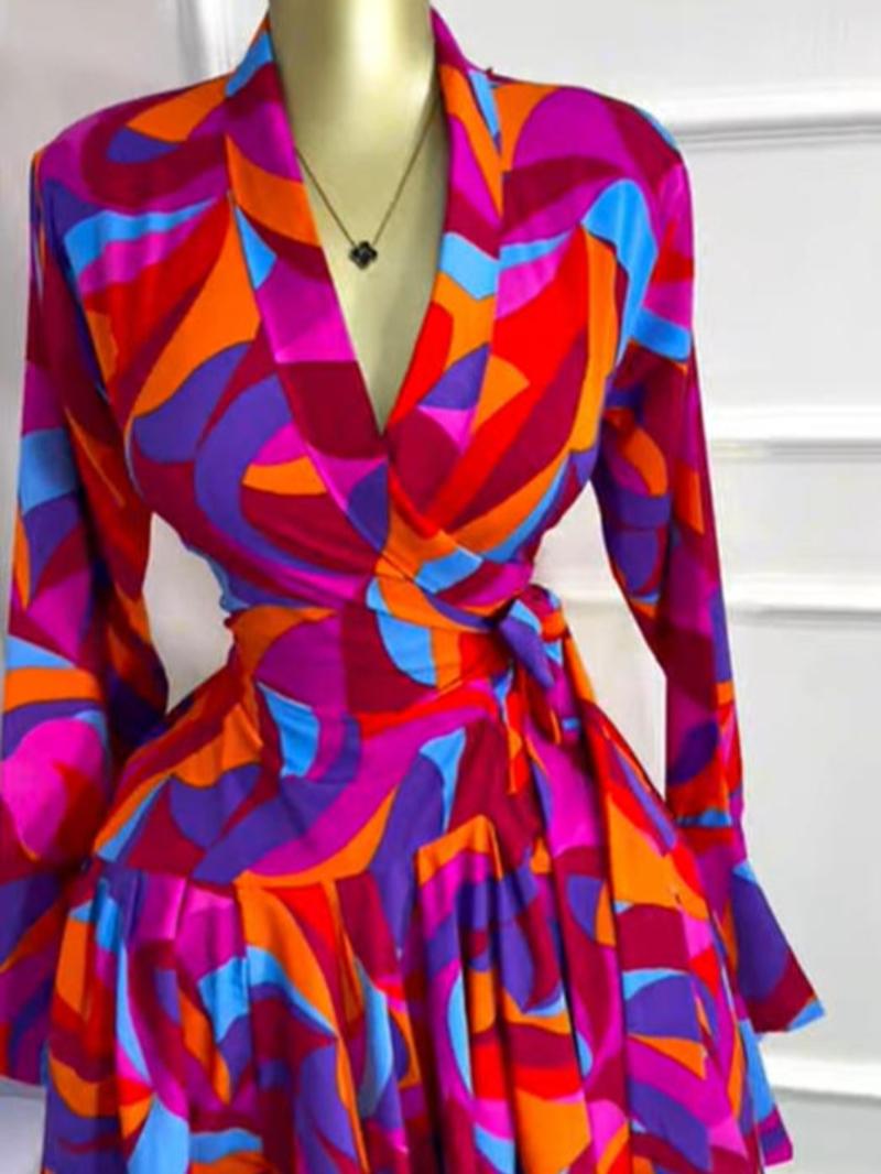 PULKRITU Women's Tie-Dye Print Flare Long Sleeve Dress, V-Neck Bow Hem, Fall Winter Wear, Elegant Vacation Party Birthday Dress