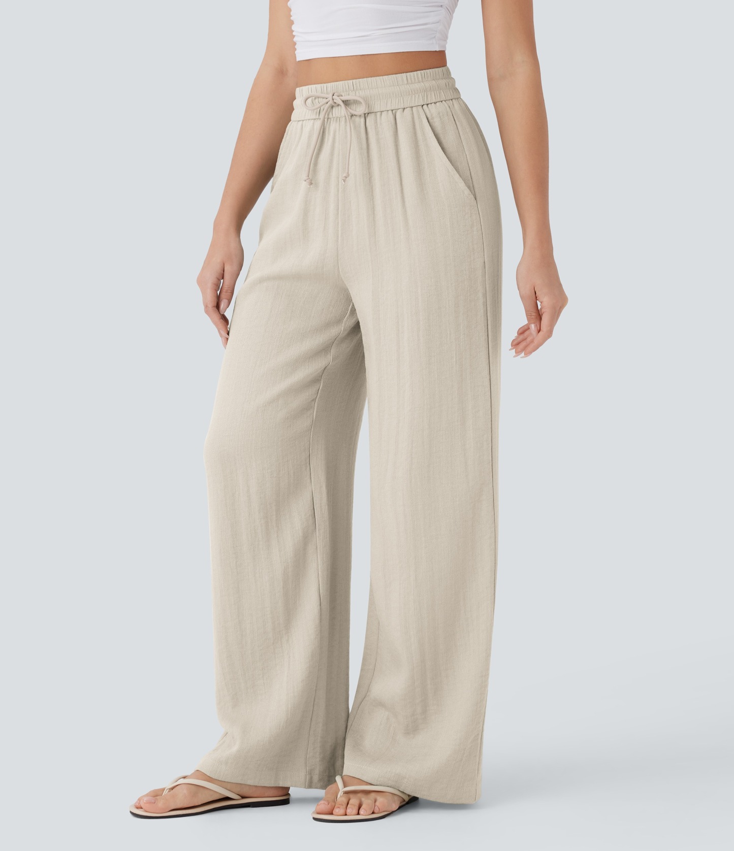 2026🔥 Halara High Waisted Drawstring Pocket Wide Leg Casual Linen-Feel Pants