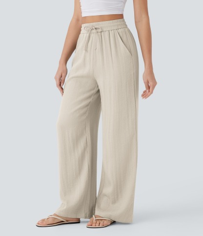 2026🔥 Halara High Waisted Drawstring Pocket Wide Leg Casual Linen-Feel Pants