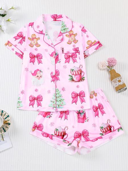 【christmas】Women's Christmas Pajama Set, Santa Cookie Print, Short Sleeve Button-up Top & Elastic Shorts, Casual All-season Sleepwear, Christmas Pyjamas, Loungewear 【christmas】Women's Christmas Pajama Set, Santa Cookie Print, Short Sleeve Button-up Top & Elastic Shorts, Casual All-season Sleepwear, Christmas Pyjamas, Loungewear
