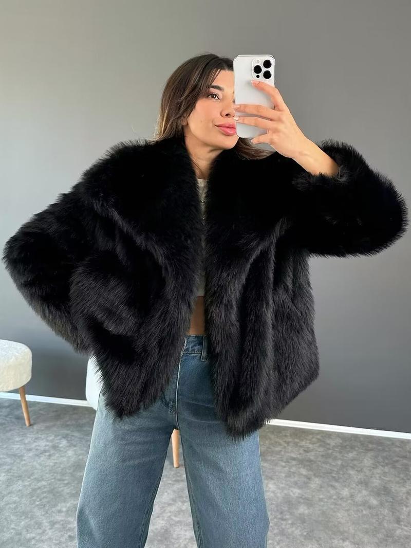 Women's Solid Color Faux Fur Fuzzy Jacket, Casual Long Sleeve Collared Fuzzy Coat for Fall & Winter, Women's Clothing for Daily Wear, Cute Tops Women's Solid Color Faux Fur Fuzzy Jacket, Casual Long Sleeve Collared Fuzzy Coat for Fall & Winter, Women's Clothing for Daily Wear, Cute Tops