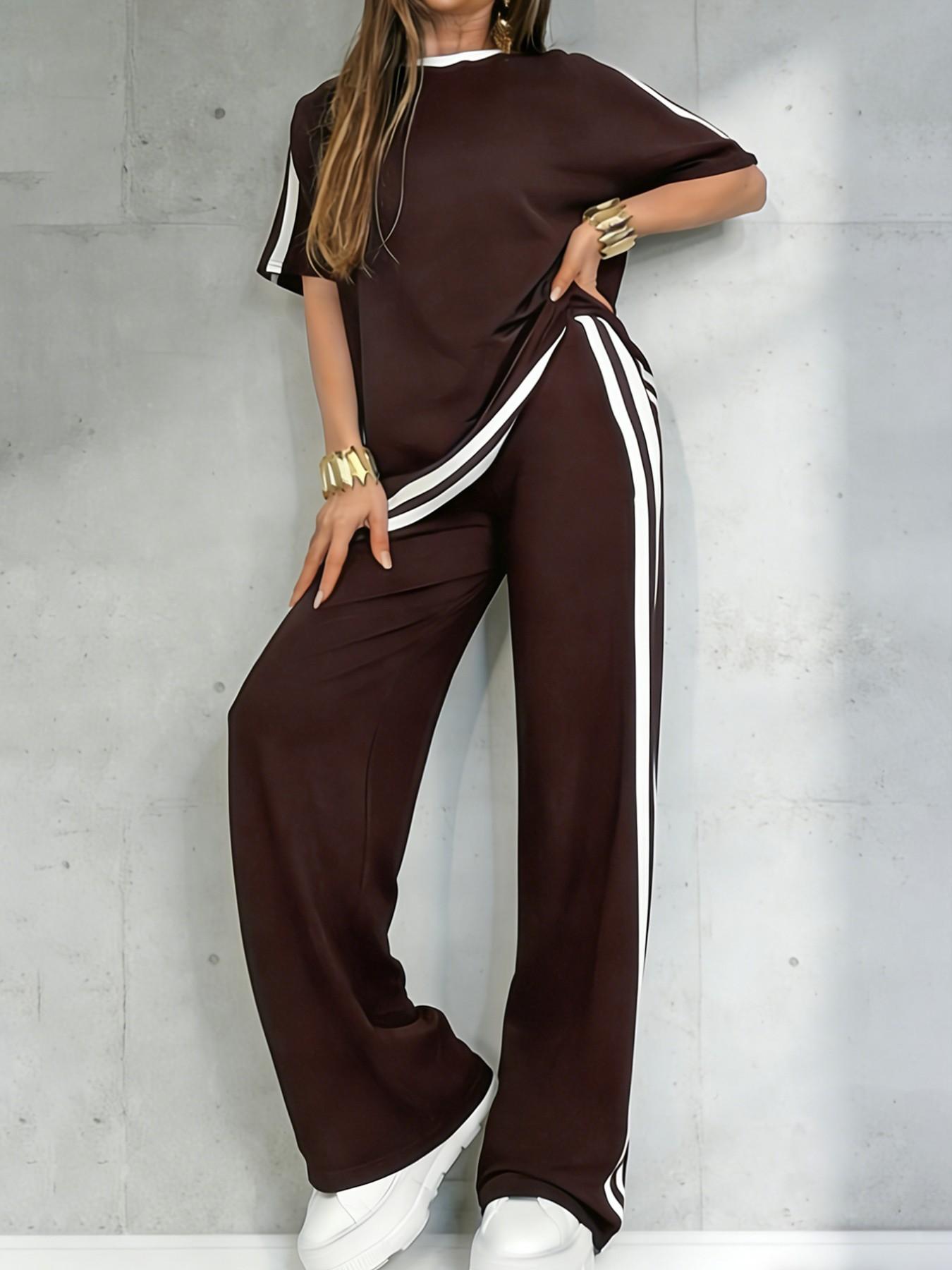Women's Casual Athleisure Sportswear Set, Solid Color Round-Neck Short-Sleeve Split-Hem Top and Striped Long Pants, Spring/Summer Two-Piece Set