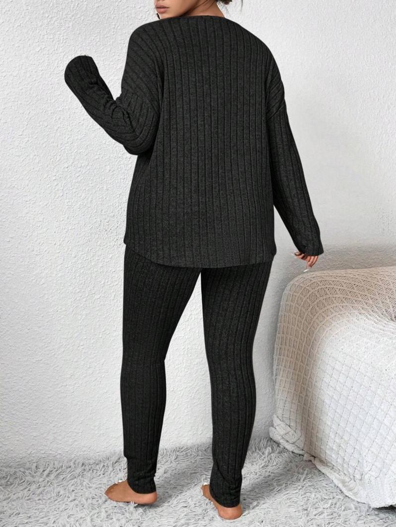 [Plus Size] Two-Piece Set Solid Drop Shoulder Top & Skinny Pants Ribbed Pajama Set, Casual Comfy Round Neck Long Sleeve Top & Trousers Set, Women's Sleepwear for Fall & Winter