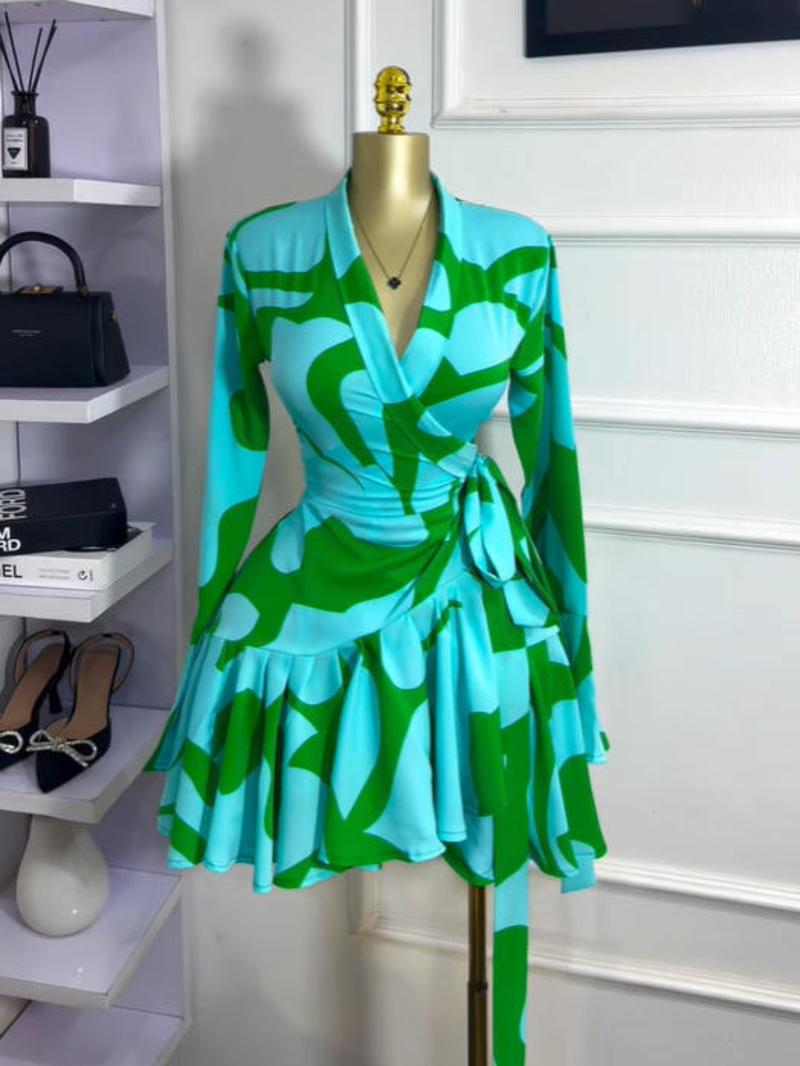 PULKRITU Women's Tie-Dye Print Flare Long Sleeve Dress, V-Neck Bow Hem, Fall Winter Wear, Elegant Vacation Party Birthday Dress