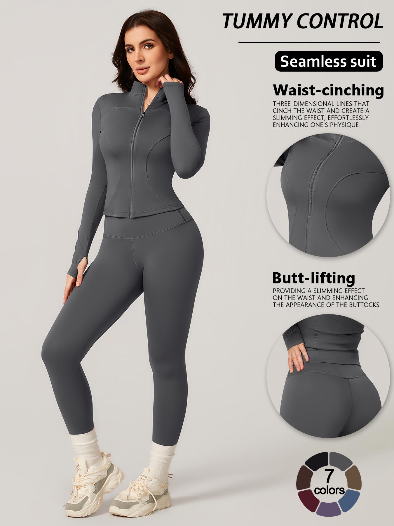 Women's Two-Piece Slim-Fitting Workout Set, Long Sleeve Top and Below-Ankle Sports Pants with Natural Waistline, All-Season Wearable Comfort Tracksuit Set, Stretchy Suit Set, Sportswear Set