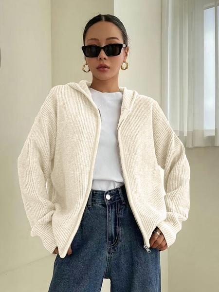 Women's Solid Color Zip Up Hooded Sweater Cardigan, Casual Long Sleeve Knitwear for Fall & Winter, Fashion Ladies' Knit Clothing for Daily Wear