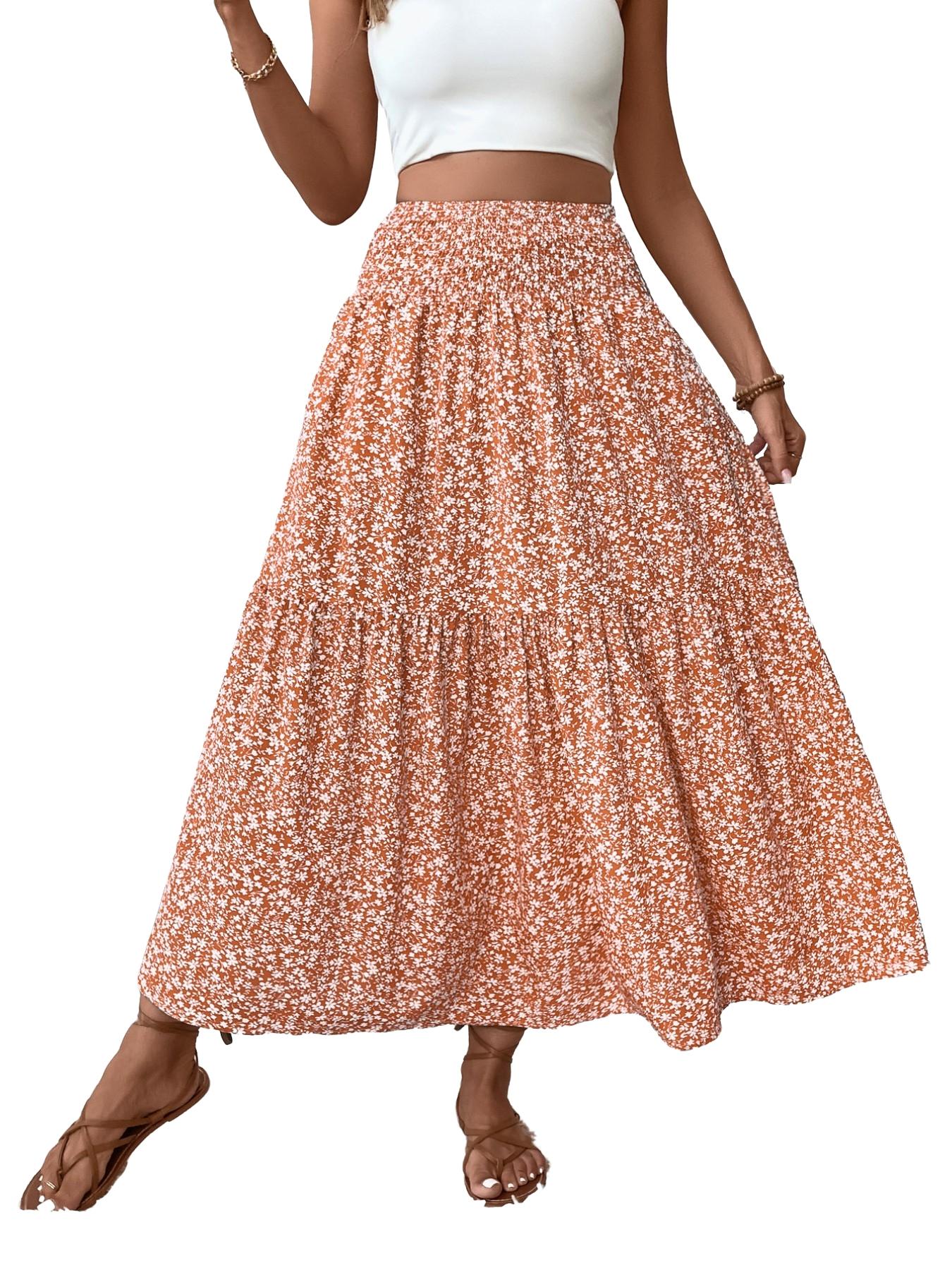 Women's Ditsy Floral Vintage Casual Vacation Layered A-Line Skirt, Elegant Long Skirt for Spring & Fall, All over Print Fitted Style Women's Ditsy Floral Vintage Casual Vacation Layered A-Line Skirt, Elegant Long Skirt for Spring & Fall, All over Print Fitted Style