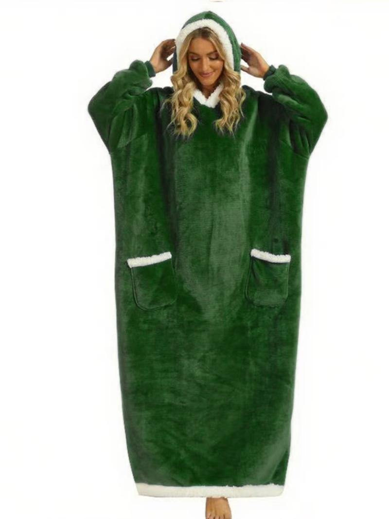 Autumn Winter Christmas Flannel Cotton Blend Hooded Long Robe, Soft Comfortable Homeewear with Vertical Pocket, Casual Plain Style