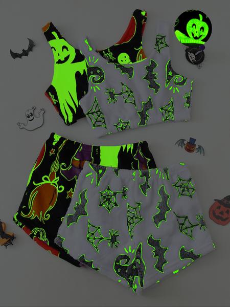 4 Counts/2 Set Women's Halloween Print Glow in The Dark Crop Tank Top & Elastic Waist Shorts Fluffy Pajamas, Casual Comfortable Loungewear for Women, Comfy Loungewear for Women, Women's Sleepwear for Fall, Fluffy Pajamas 4 Counts/2 Set Women's Halloween Print Glow in The Dark Crop Tank Top & Elastic Waist Shorts Fluffy Pajamas, Casual Comfortable Loungewear for Women, Comfy Loungewear for Women, Women's Sleepwear for Fall, Fluffy Pajamas