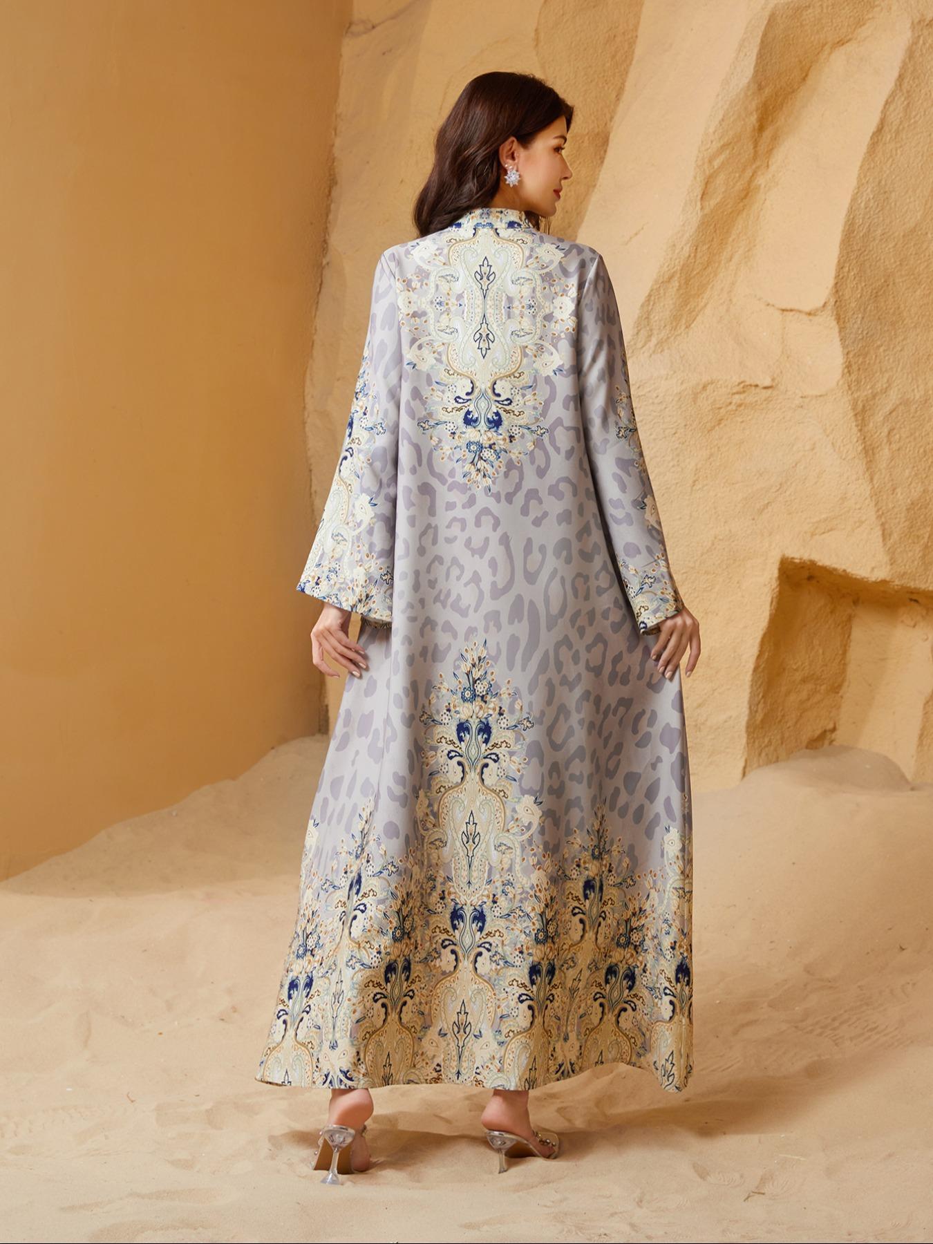 Women's Traditional Ethnic Pattern Faux Pearl Decor Long Dress, Boho Long Sleeve Round Neck Dress for Vacation Holiday Wedding Guest, Ladies Muslim Clothing for All Seasons Women's Traditional Ethnic Pattern Faux Pearl Decor Long Dress, Boho Long Sleeve Round Neck Dress for Vacation Holiday Wedding Guest, Ladies Muslim Clothing for All Seasons
