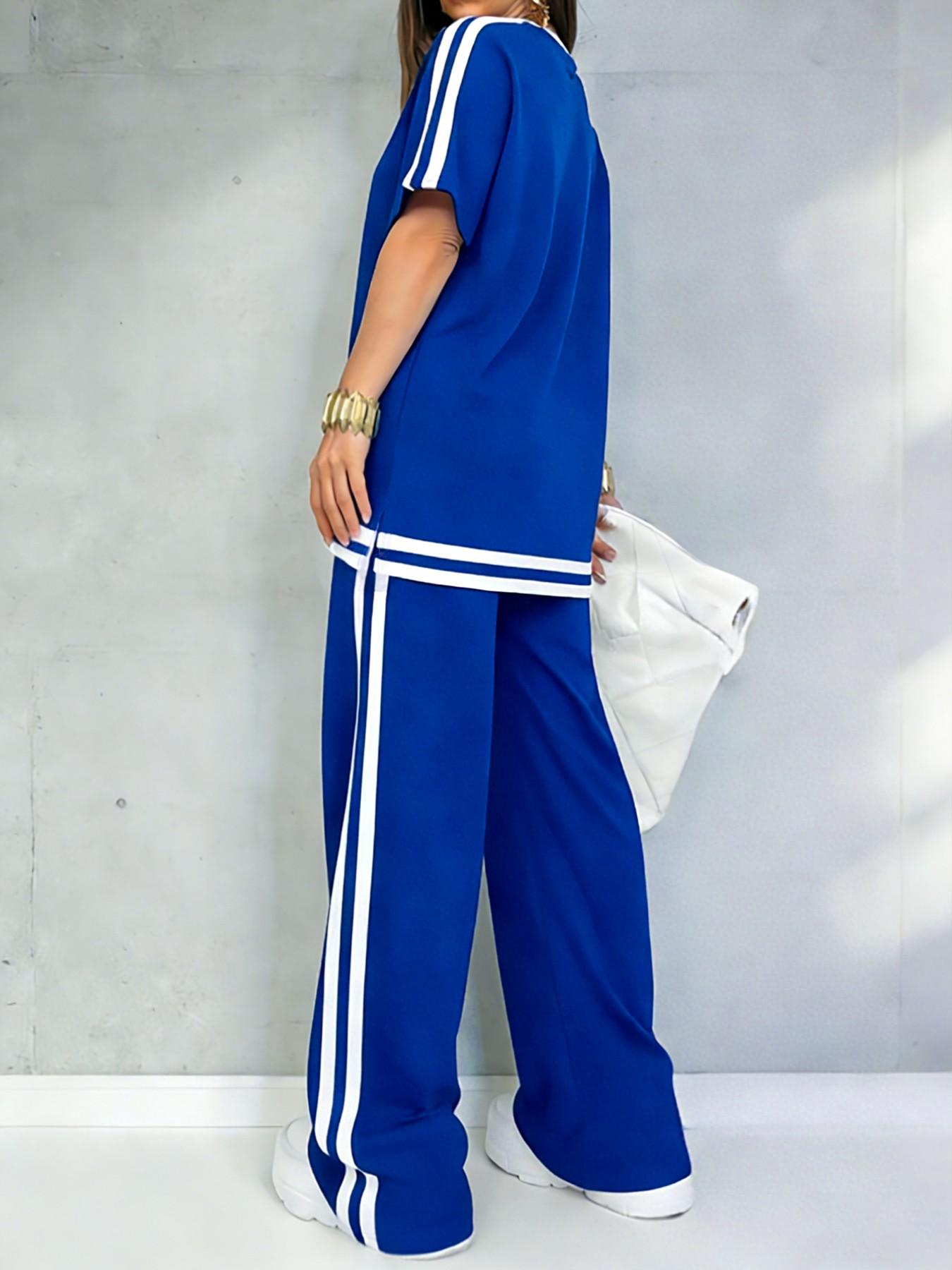 Women's Casual Athleisure Sportswear Set, Solid Color Round-Neck Short-Sleeve Split-Hem Top and Striped Long Pants, Spring/Summer Two-Piece Set