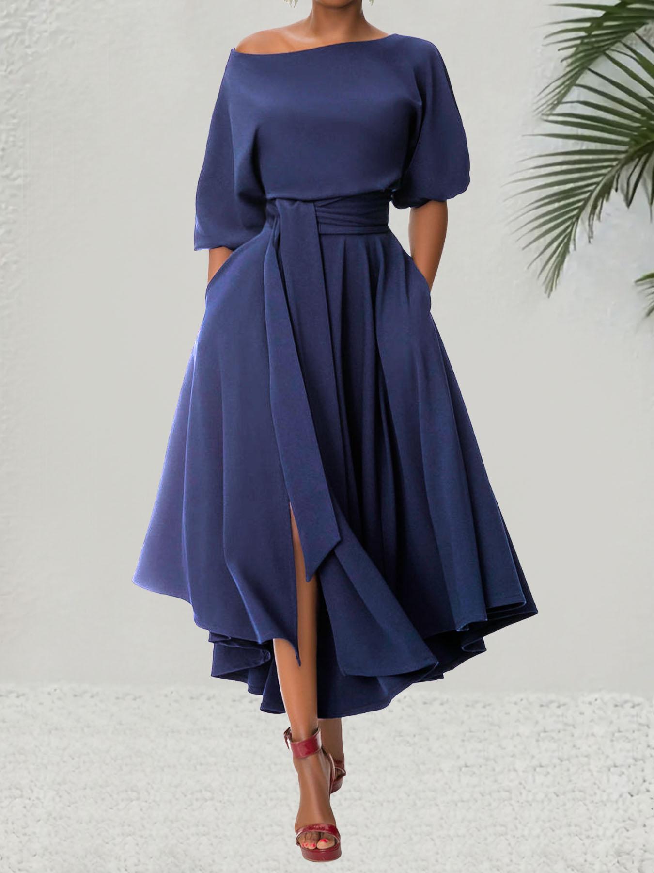 Women's Plain Belted Split Boat Neck Dress, Elegant Bishop Sleeve A Line Dress for Summer, Summer Outfits 2024, Fashion Women's Dress for Casual Daily Wear, Womenswear Women's Plain Belted Split Boat Neck Dress, Elegant Bishop Sleeve A Line Dress for Summer, Summer Outfits 2024, Fashion Women's Dress for Casual Daily Wear, Womenswear