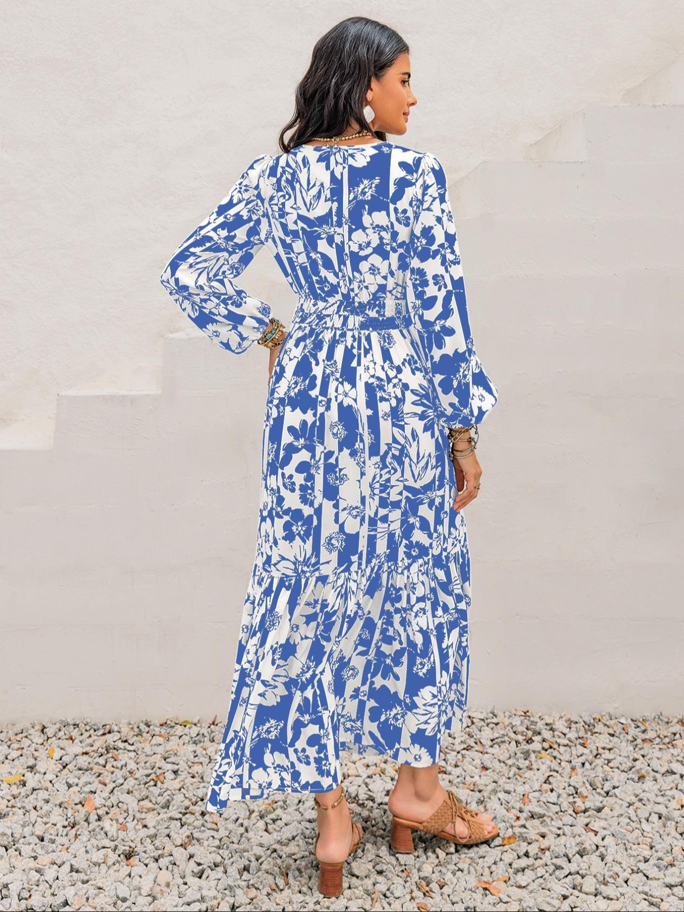 Women's Boho Floral Print Lantern Sleeve Dress with Fitted Waist Adjustable Tie Design, Comfortable Casual Long Sleeve Dress for Fall & Winter, Bohemian, Womenswear Women's Boho Floral Print Lantern Sleeve Dress with Fitted Waist Adjustable Tie Design, Comfortable Casual Long Sleeve Dress for Fall & Winter, Bohemian, Womenswear