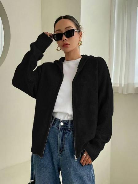 Women's Solid Color Zip Up Hooded Sweater Cardigan, Casual Long Sleeve Knitwear for Fall & Winter, Fashion Ladies' Knit Clothing for Daily Wear