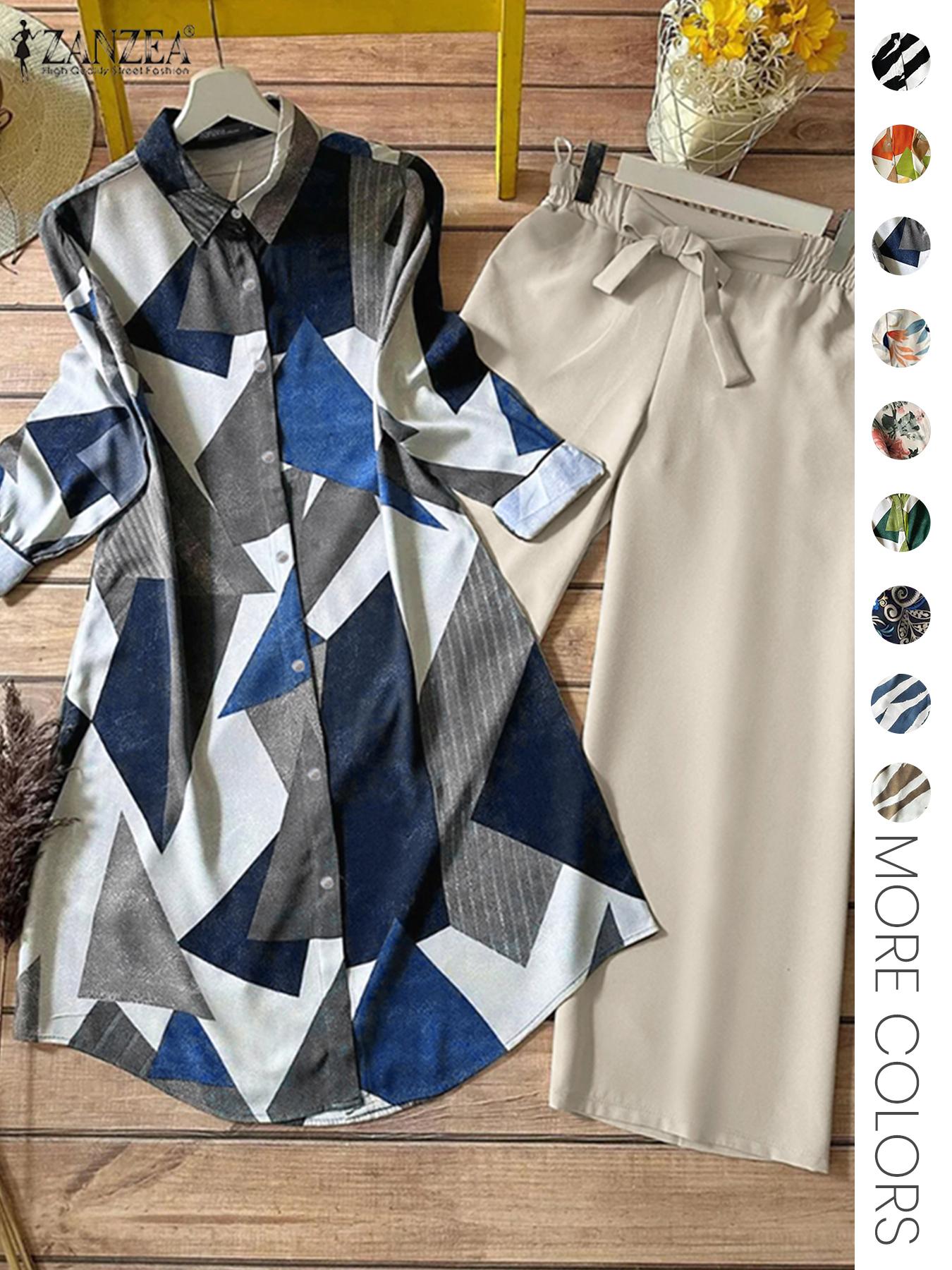 Two-piece Women's All-Over Print Button Shirt & Wide Leg Pants Set, Casual Long Sleeve Collared Top & Trousers for Daily Wear, Ladies Clothes for All Seasons Two-piece Women's All-Over Print Button Shirt & Wide Leg Pants Set, Casual Long Sleeve Collared Top & Trousers for Daily Wear, Ladies Clothes for All Seasons