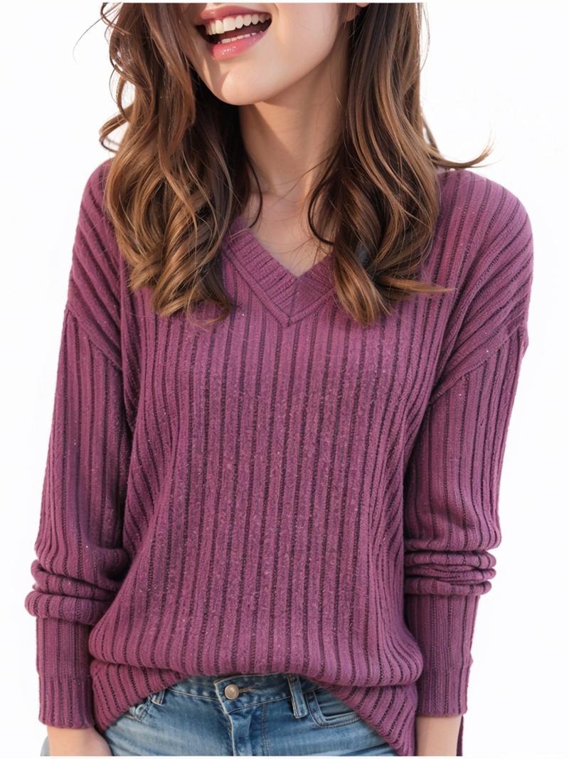Women's Plain Drop Shoulder V Neck Tee, Casual Long Sleeve Top for Spring & Fall, Fashion Women's Clothes for Daily Wear Women's Plain Drop Shoulder V Neck Tee, Casual Long Sleeve Top for Spring & Fall, Fashion Women's Clothes for Daily Wear