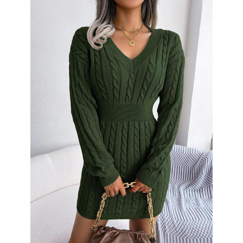 Women's Cozy V-Neck Cable Knit Sweater Dress – Soft Textured Drop Shoulder Long Sleeve Dress for Fall & Winter Women's Cozy V-Neck Cable Knit Sweater Dress – Soft Textured Drop Shoulder Long Sleeve Dress for Fall & Winter