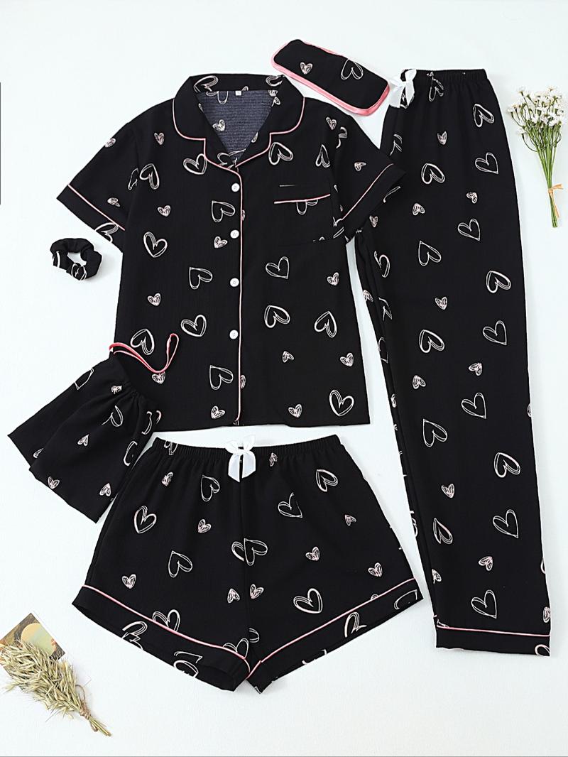 Women's All Over Print Top & Shorts & Pants & Accessories Pyjama Set, Casual Comfy Pj Set, Ladies Sleepwear for All Seasons Women's All Over Print Top & Shorts & Pants & Accessories Pyjama Set, Casual Comfy Pj Set, Ladies Sleepwear for All Seasons