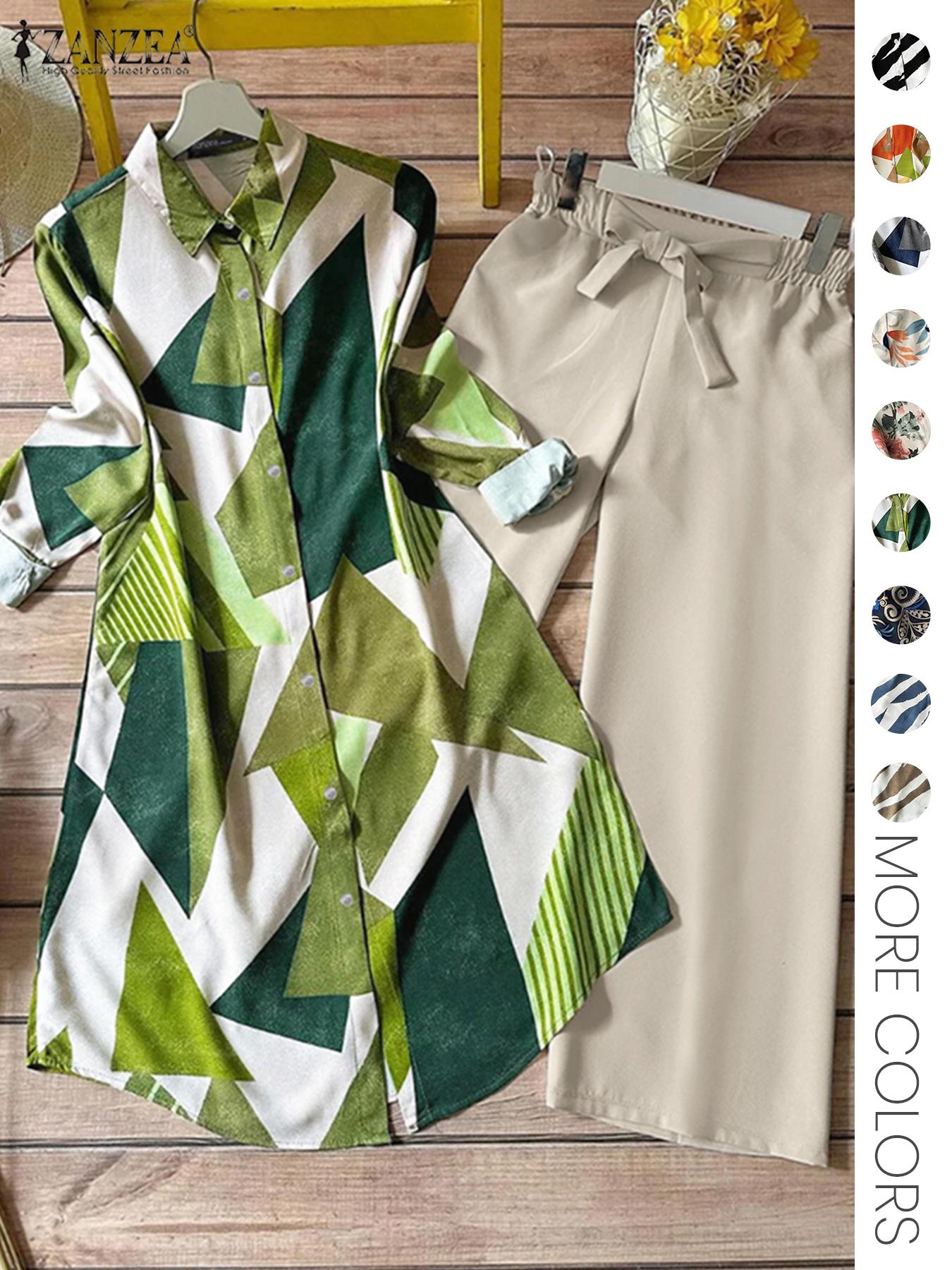 Two-piece Women's All-Over Print Button Shirt & Wide Leg Pants Set, Casual Long Sleeve Collared Top & Trousers for Daily Wear, Ladies Clothes for All Seasons Two-piece Women's All-Over Print Button Shirt & Wide Leg Pants Set, Casual Long Sleeve Collared Top & Trousers for Daily Wear, Ladies Clothes for All Seasons