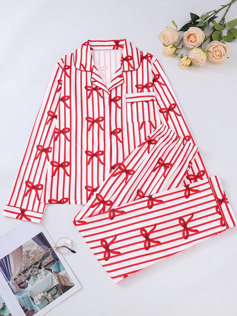 Two-piece Set Women's Bow Print Button Front Pocket Shirt & Elastic Waist Pants Pajama, Casual Comfy Long Sleeve Lapel Neck Top & Trousers Pj Set, Ladies Sleepwear for Spring & Fall Two-piece Set Women's Bow Print Button Front Pocket Shirt & Elastic Waist Pants Pajama, Casual Comfy Long Sleeve Lapel Neck Top & Trousers Pj Set, Ladies Sleepwear for Spring & Fall