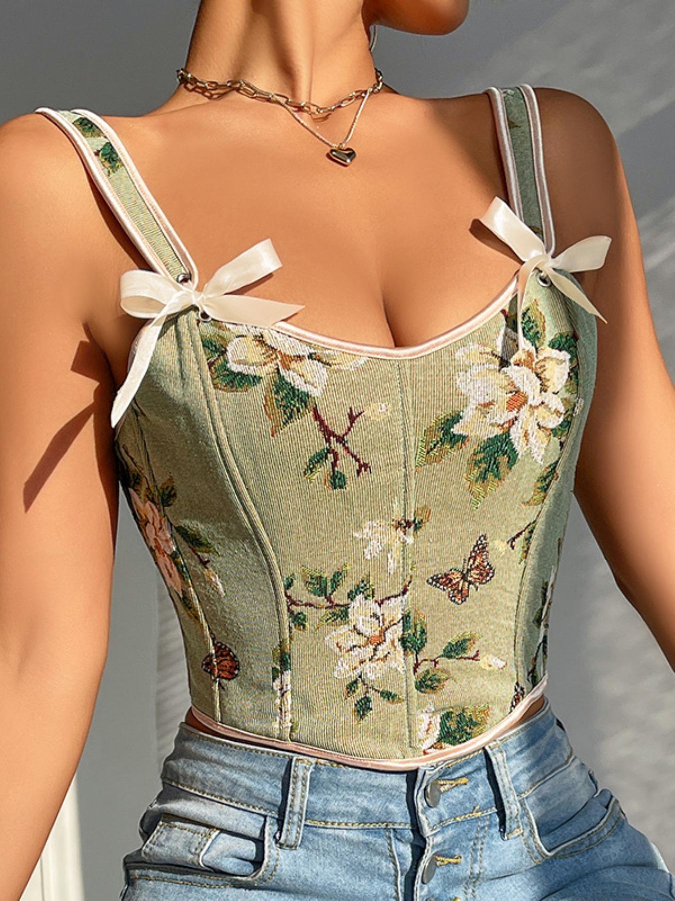 Women's Floral Print Adjustable Lace Up Corset Structure Shapewear Tank Top, Fashionable Bow Decor Shapewear Top for Daily Wear, Tummy Control Shaper for Women Women's Floral Print Adjustable Lace Up Corset Structure Shapewear Tank Top, Fashionable Bow Decor Shapewear Top for Daily Wear, Tummy Control Shaper for Women