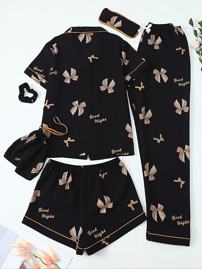 Women's All Over Print Top & Shorts & Pants & Accessories Pyjama Set, Casual Comfy Pj Set, Ladies Sleepwear for All Seasons Women's All Over Print Top & Shorts & Pants & Accessories Pyjama Set, Casual Comfy Pj Set, Ladies Sleepwear for All Seasons