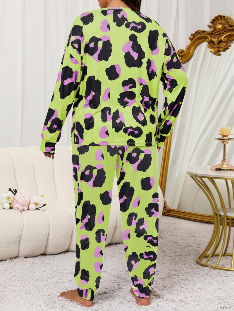 Two-Piece Plus Size Leopard Print Pajama Set Casual Drop Shoulder T-Shirt and Solid Color Long Pants Set for Women Spring and Autumn Pajamas Women's Pajamas