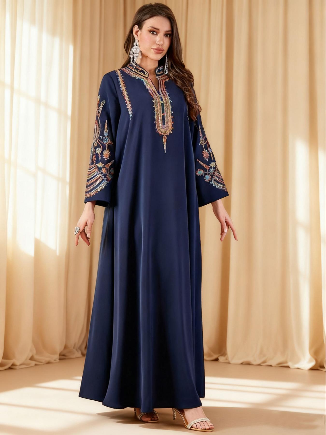 Elegant Muslim Women's Long Robe with Colorful Embroidery, Perfect for All Seasons, Stylish and Comfortable Clothing, Muslim Women Gowns Elegant Muslim Women's Long Robe with Colorful Embroidery, Perfect for All Seasons, Stylish and Comfortable Clothing, Muslim Women Gowns