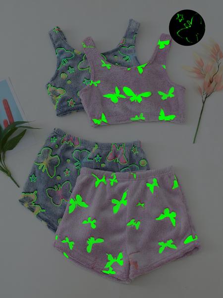 4 Counts/2 Set Women's Halloween Print Glow in The Dark Crop Tank Top & Elastic Waist Shorts Fluffy Pajamas, Casual Comfortable Loungewear for Women, Comfy Loungewear for Women, Women's Sleepwear for Fall, Fluffy Pajamas 4 Counts/2 Set Women's Halloween Print Glow in The Dark Crop Tank Top & Elastic Waist Shorts Fluffy Pajamas, Casual Comfortable Loungewear for Women, Comfy Loungewear for Women, Women's Sleepwear for Fall, Fluffy Pajamas