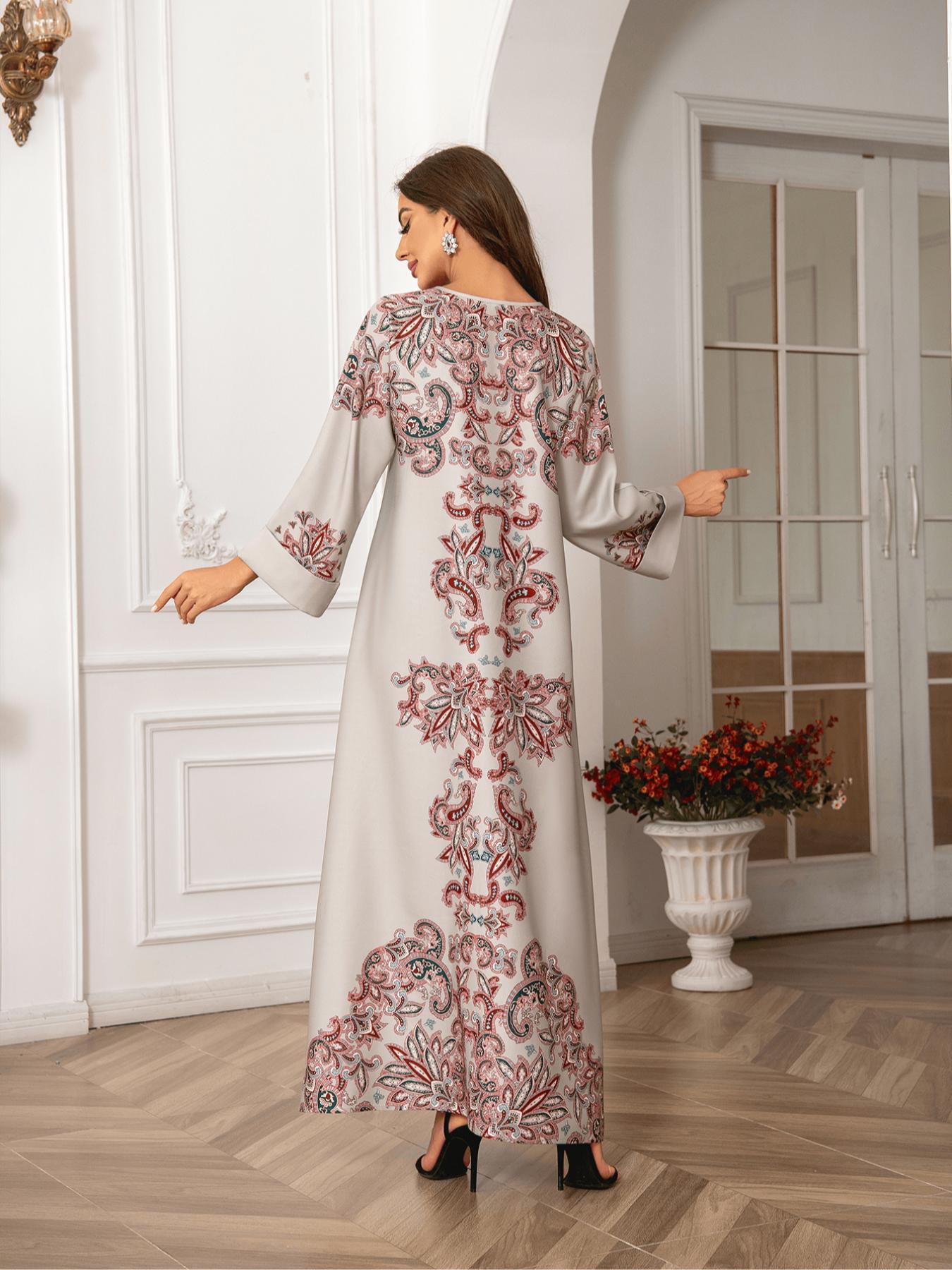 Elegant Boho Muslim Women's Long Robe, All over Print, Loose-Fitting, Round Neck, Flap Sleeves, Long Sleeve, All Seasons Elegant Boho Muslim Women's Long Robe, All over Print, Loose-Fitting, Round Neck, Flap Sleeves, Long Sleeve, All Seasons
