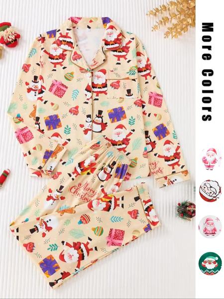 Two-piece Set Women's Christmas Print Button Front Pocket Shirt & Elastic Waist Pants Pyjama, Casual Comfy Long Sleeve Collared Top & Trousers Pyjama Set, Women's Sleepwear for Spring & Fall Two-piece Set Women's Christmas Print Button Front Pocket Shirt & Elastic Waist Pants Pyjama, Casual Comfy Long Sleeve Collared Top & Trousers Pyjama Set, Women's Sleepwear for Spring & Fall
