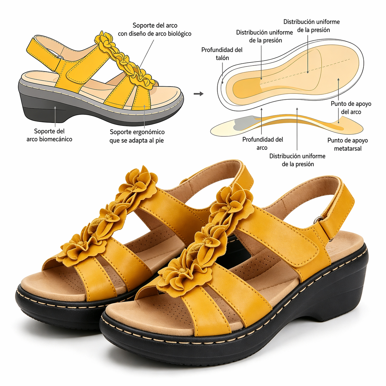 🎁 Oferta por tiempo limitado: 30% de descuento 🔴 Sandalias ajustables de tacón abierto con estampado floral 🦶 Elegantes e ideales para pies planos y para aliviar el dolor de talón ✅ Disponibles en varias tallas