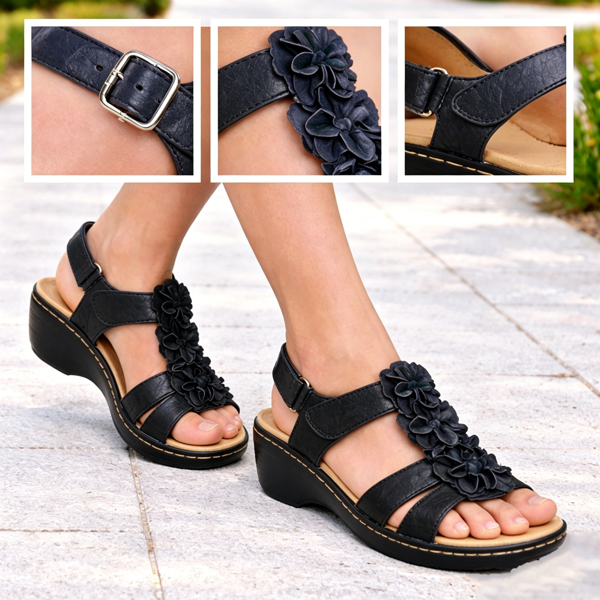 🎁 Oferta por tiempo limitado: 30% de descuento 🔴 Sandalias ajustables de tacón abierto con estampado floral 🦶 Elegantes e ideales para pies planos y para aliviar el dolor de talón ✅ Disponibles en varias tallas