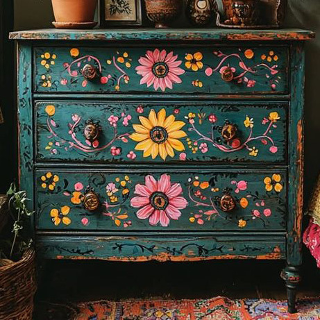 Hand-Painted Floral Vintage Wooden 3-Drawer Chest
