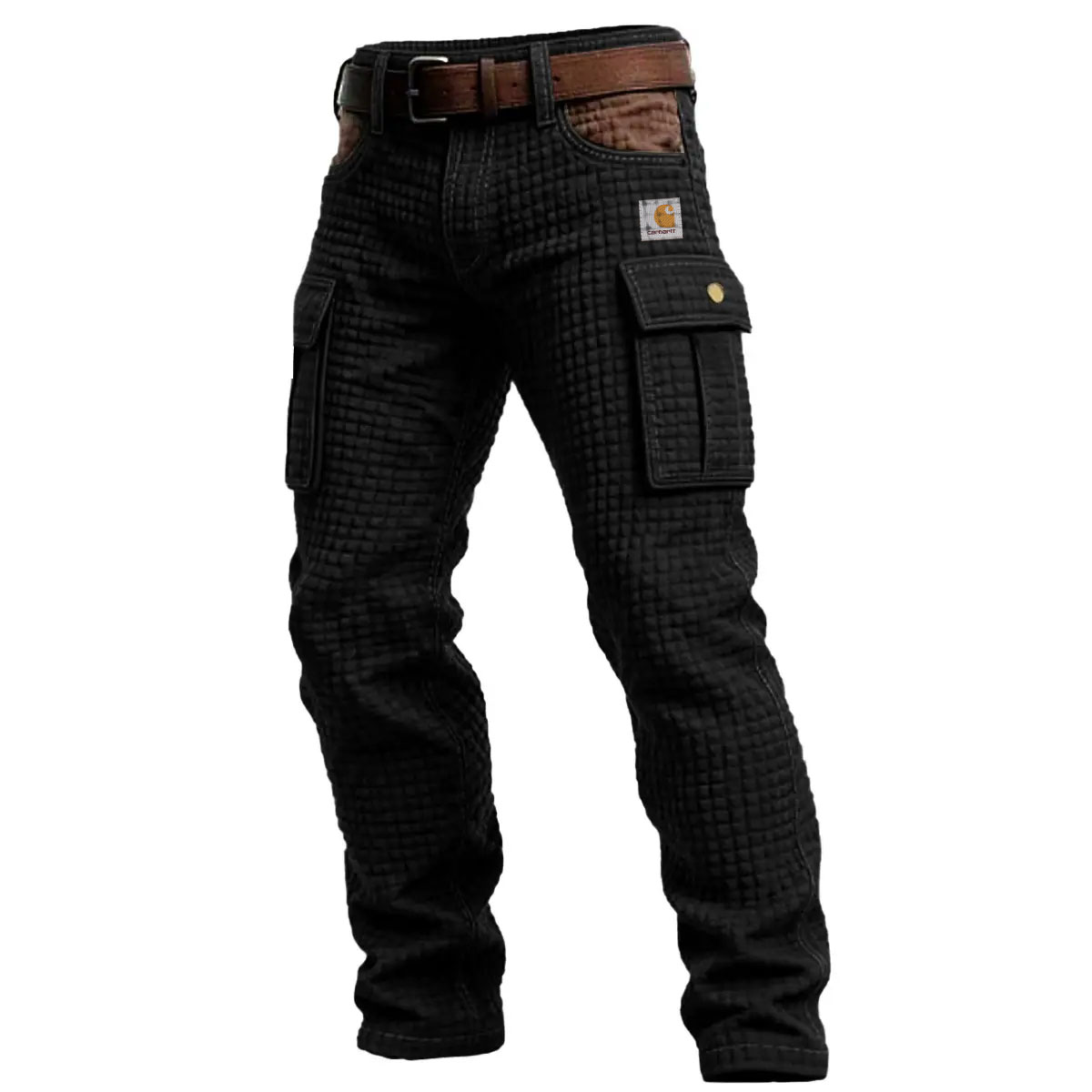 Vintage Industrial Quilted Waffle Texture Multi-Pocket Patchwork Cargo Pants