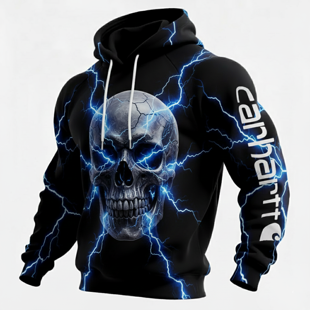 Electric Skull Pattern Bold Edgy Style Hooded Sweatshirt
