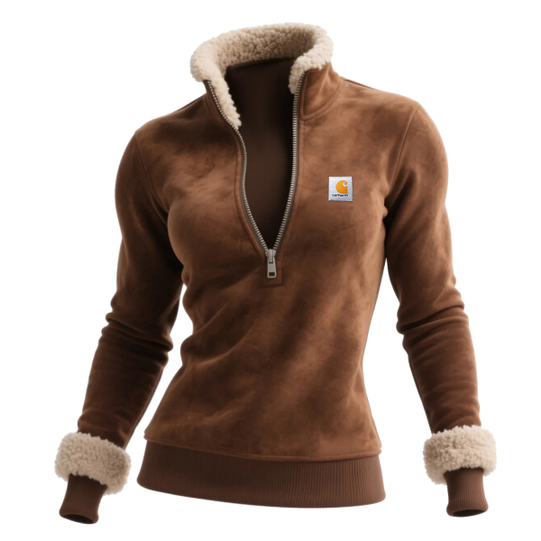 Retro Western Style Women's Suede Contrast Color Stitching 1/4 Zip Stand Collar Sweatshirt