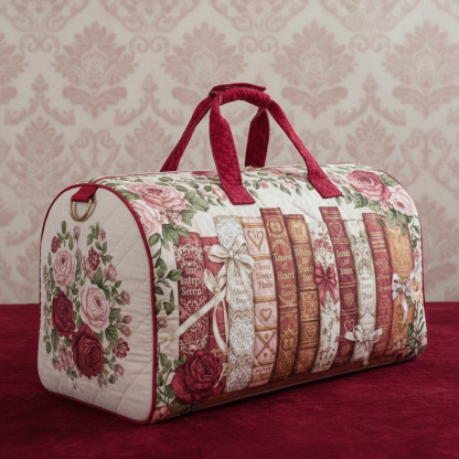 Pastoral Romantic Floral Poetry Books Quilted Large Duffle Bag
