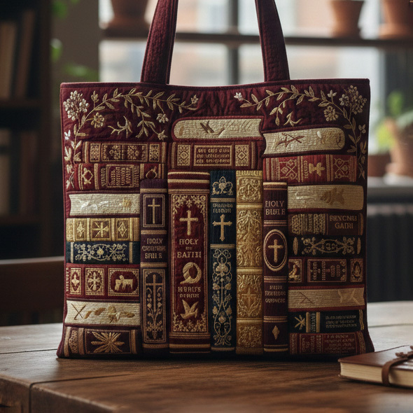 Vintage Aesthetic Religious Scriptures Embroidered Quilted Fabric Tote Bag