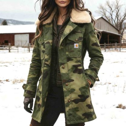 Women's Vintage Army Green Camouflage Removable Fleece Lapel Collar Mid-Length Shearling Coat Jacket