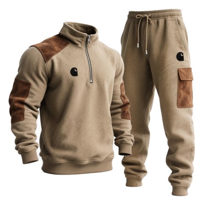 Men's Vintage Embroidered Khaki Brown Suede Quarter Zip Stand Collar Sweatshirt And Sweatpants Jogger Set