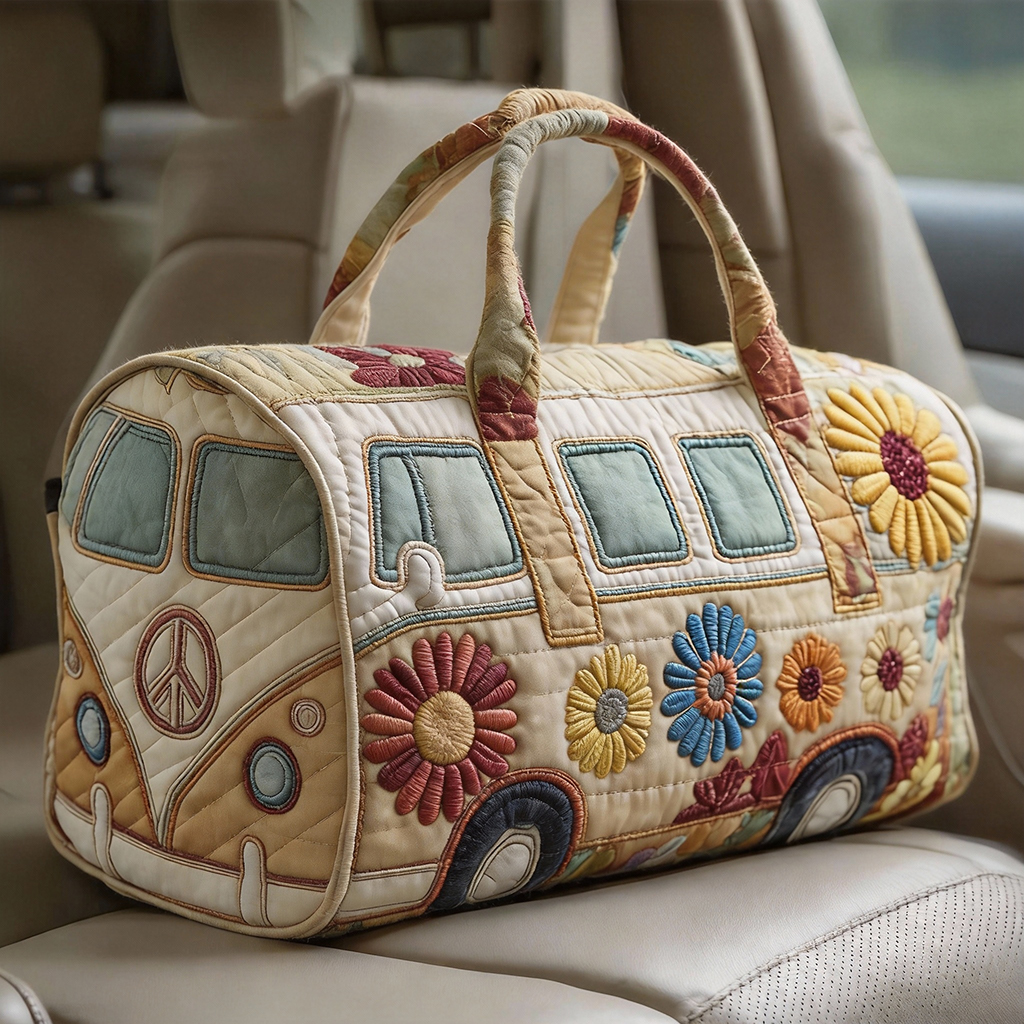 Vibrant Blossom & Peace VW Bus Quilted Duffle Bag
