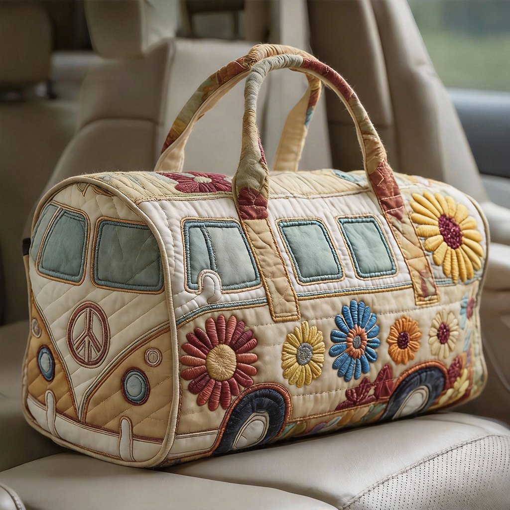 Vibrant Blossom & Peace VW Bus Quilted Duffle Bag