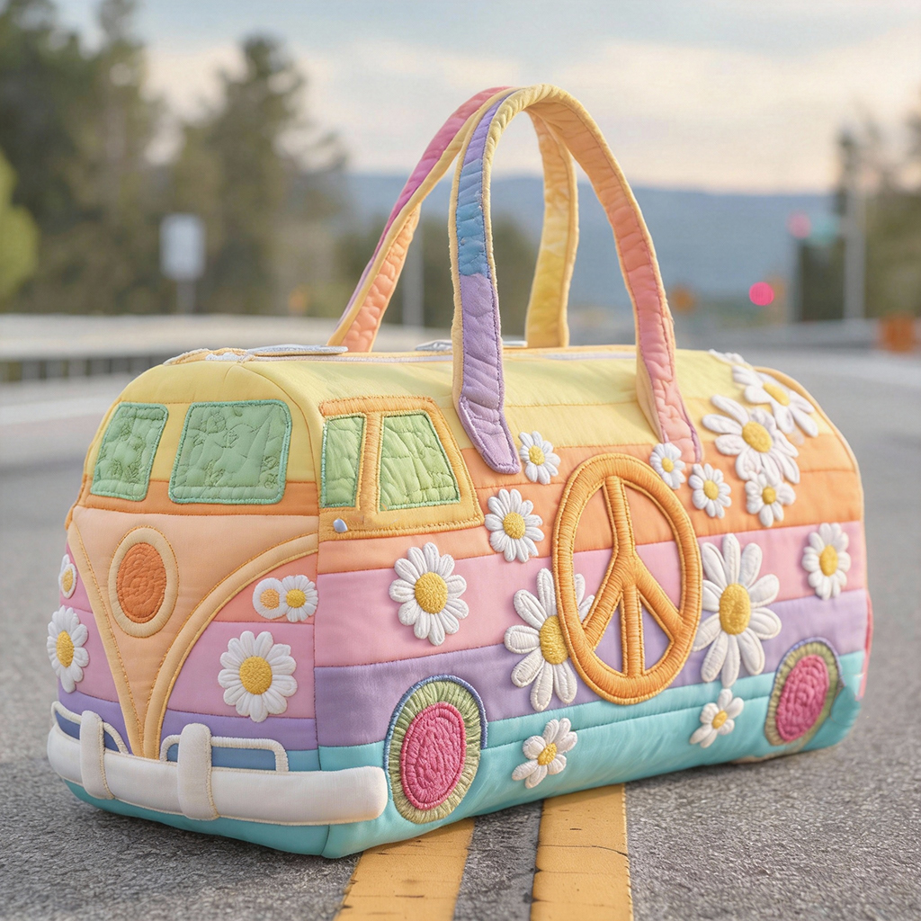 Quilted Rainbow Stripe & Daisy Peace Camper Van Duffle Bag