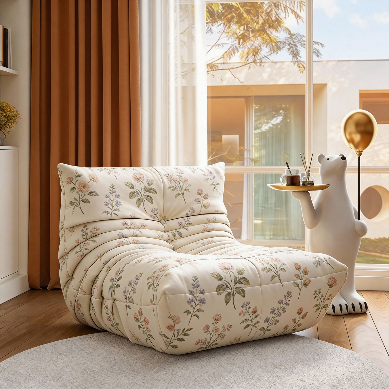 Slightly tipsy afternoon Bohemian style: Art print wrapped individual sofa chair