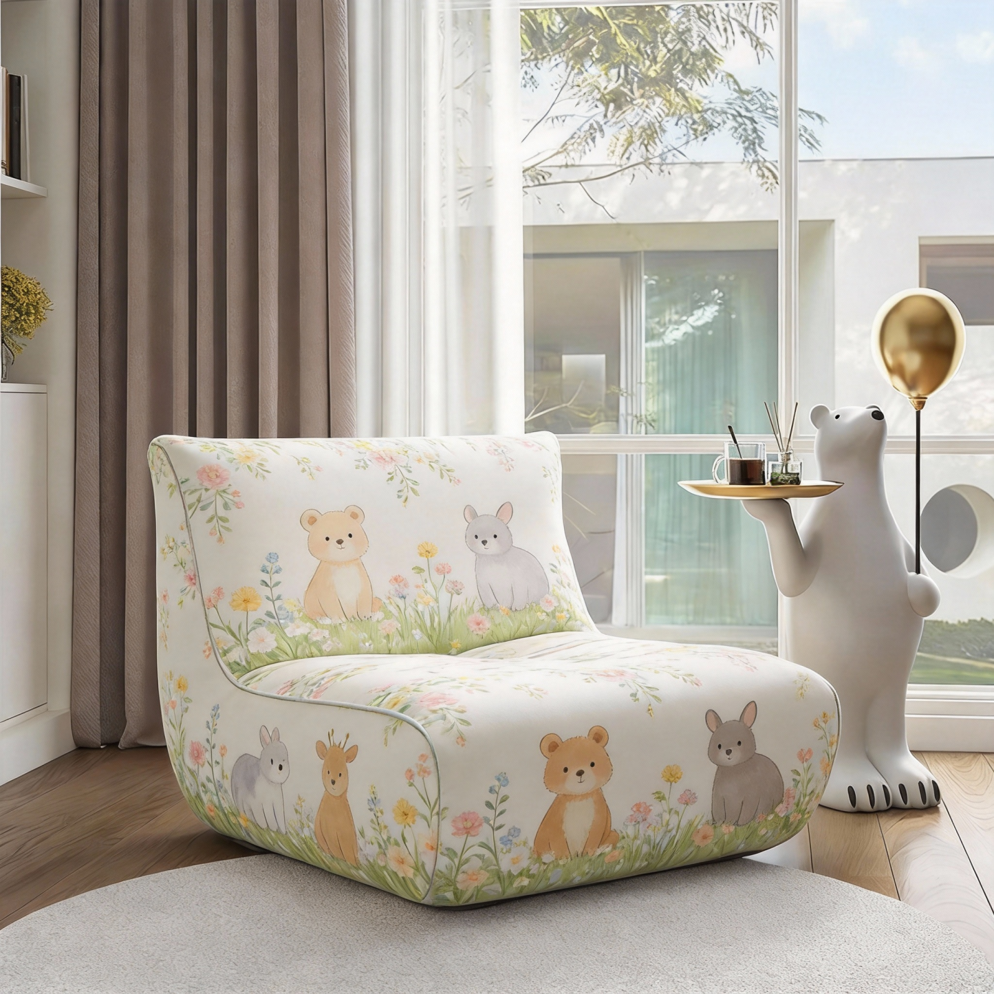 Slightly tipsy afternoon Bohemian style: Art print wrapped individual sofa chair