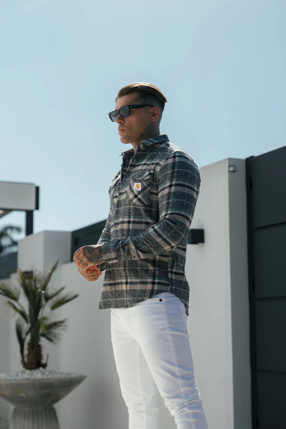Casual Soft Brushed Flannel Grey Check Long Sleeve Shirt