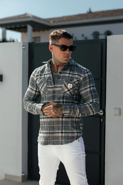 Casual Soft Brushed Flannel Grey Check Long Sleeve Shirt