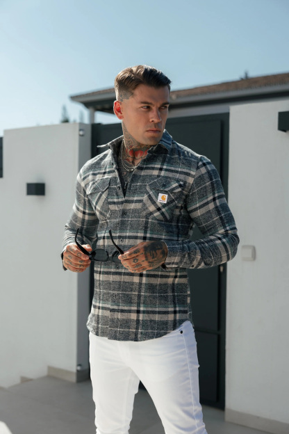Casual Soft Brushed Flannel Grey Check Long Sleeve Shirt