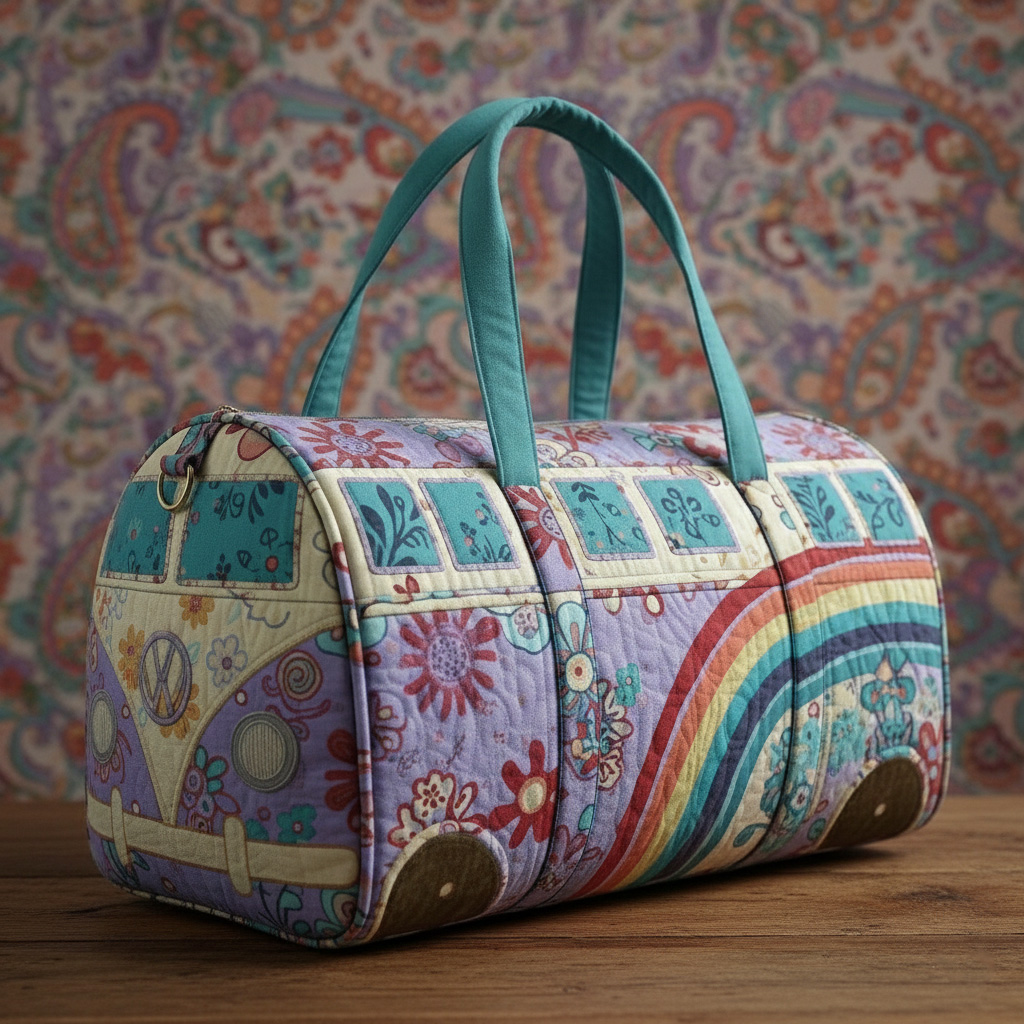 Bohemian Hippie Style Retro Rainbow Patchwork Quilted Duffel Bag